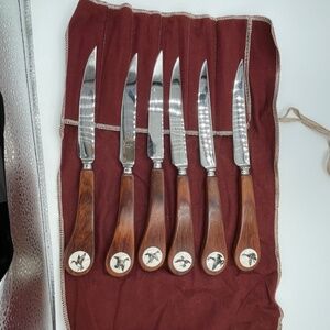 6 Pc Regal Crest Stainless Wooden Handle Game Birds Serrated Steak Knives